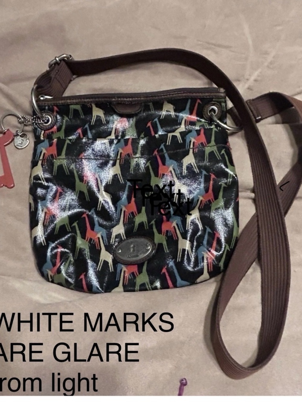 Fossil Black Patent Crossbody with Multicolor Giraffe Print and Brown Strap